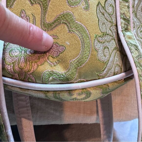 Chinese Style Handbag Domed Satchel Brocade Style Green Pink Cream - Picture 6 of 9